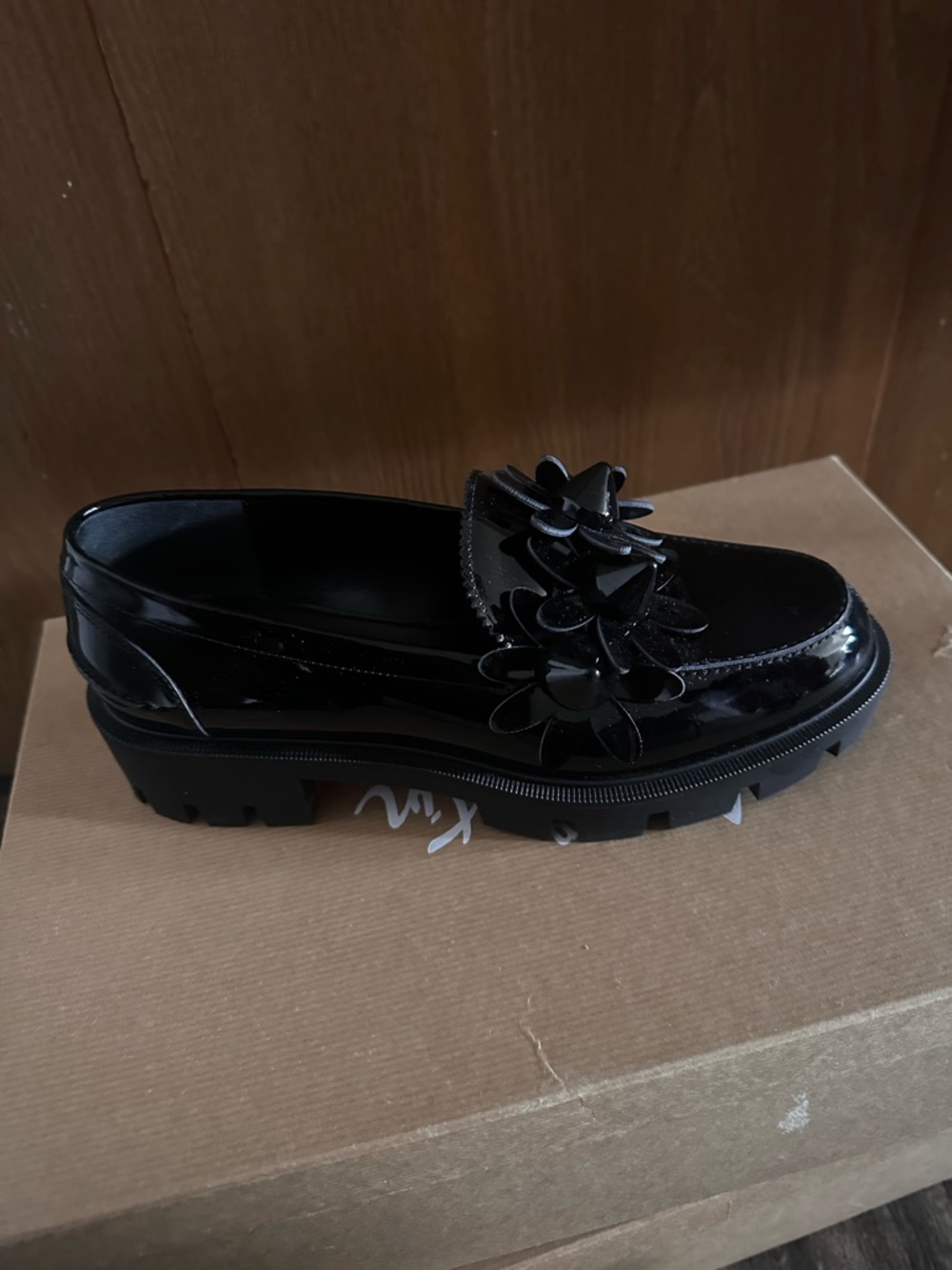 Christian Louboutin Black Patent Floral-Embellished Loafer